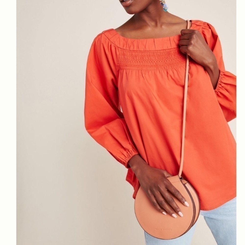 - Anthropologie Coral Maeve Jessie Smocked Swing Blouse Top